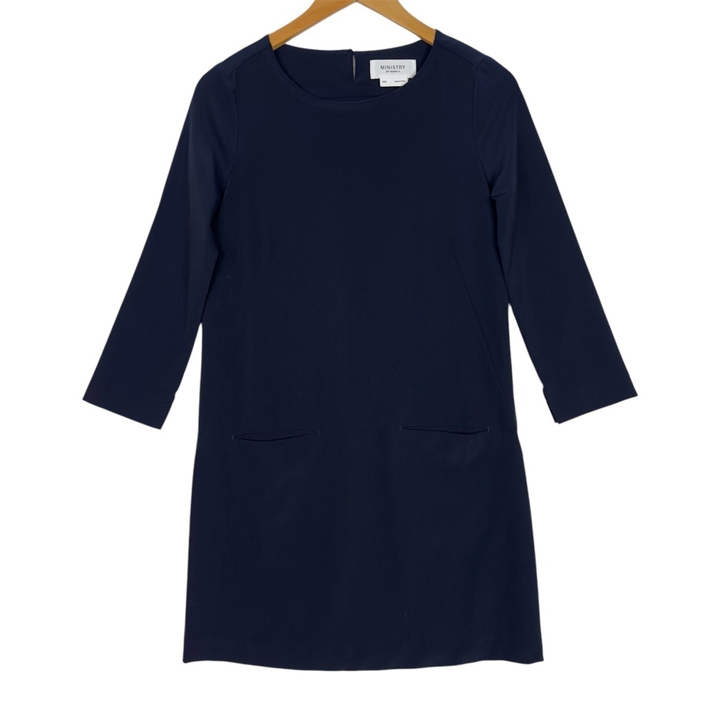 Ministry of Supply Navy Tech Knit Shift Dress XXS Stretch Travel Work Career